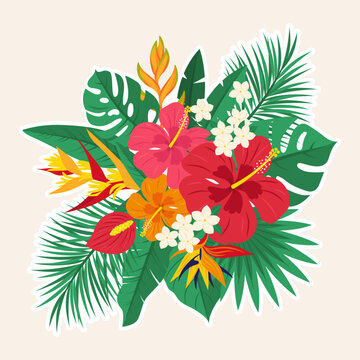 Tropical floral arrangement with Hibiscus, Monstera, Polynesian Tiare, Anthurium, Heliconia caribaea, Strelitzia reginae (Bird of paradise flower) and palms leaves. Vector illustration