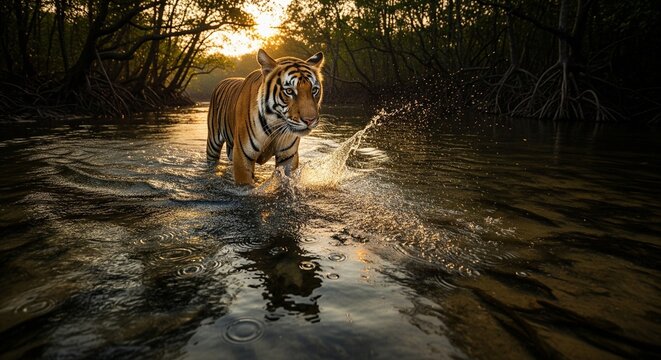 Tiger splashing in a forest river at dusk