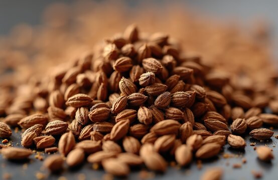 Pile of brown cumin seeds. Aromatic spice ingredient for cooking. Used in various cuisines and for health benefits. Natural food flavor enhancer.