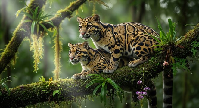 Pair of clouded leopards in a lush rainforest