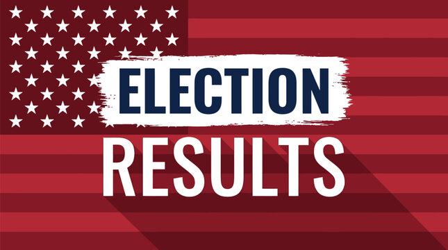 A patriotic vector graphic illustration displaying bold election results text over a stylized american flag design