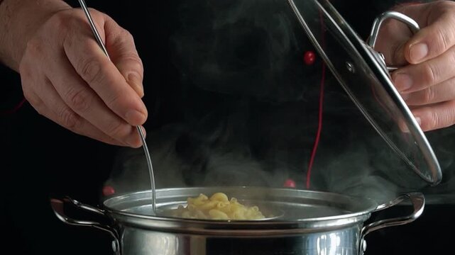 Chef hands carefully lift the lid from a pot, stirring pasta in boiling water, with steam rising in a well-lit kitchen, emphasizing the cooking process and culinary details