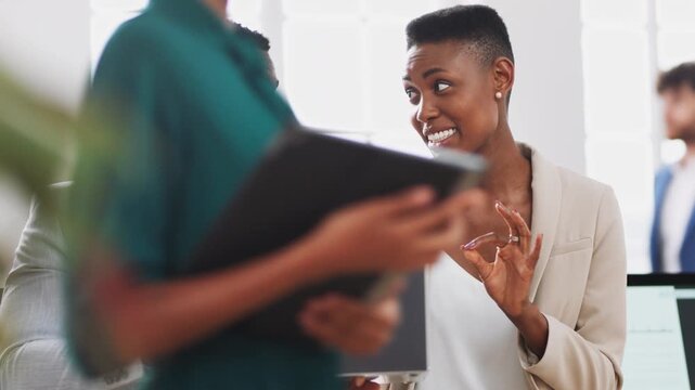Discussion, manager or employee with laptop in office, feedback or advice for investment proposal. Review, smile or business people with tips for venture project, pc or suggestion for capital plan