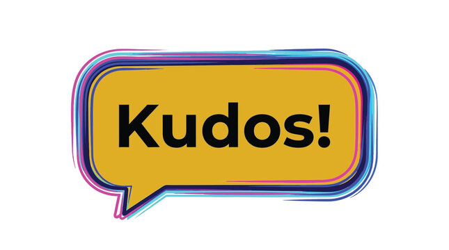 A vibrant yellow speech bubble vector illustration featuring the word kudos with colorful layered outlines