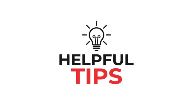 Minimalist vector graphic illustration featuring a black lightbulb icon above bold red helpful tips text
