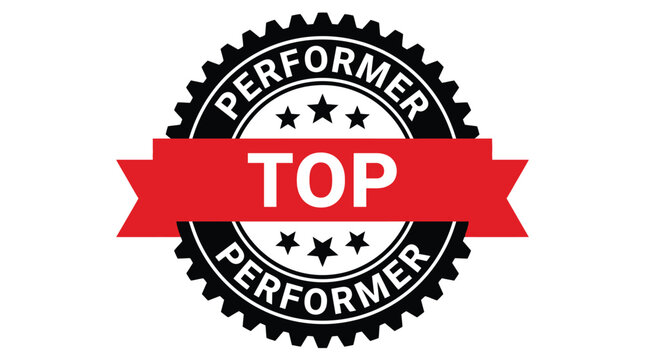 A bold black and red vector illustration badge displaying the text top performer with stars