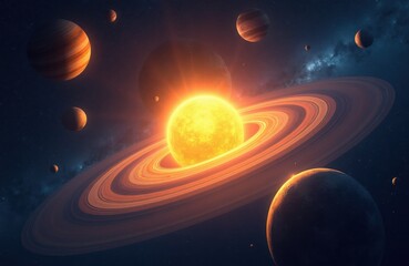Fototapeta premium Fiery sun with ringed planet and other planets orbit through starry deep space. Celestial bodies glow with cosmic light. Universe exploration sci-fi.