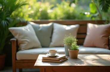 Fototapeta premium Outdoor sofa with pillows and a coffee cup on books. Two potted plants on table in garden. Relaxing morning scene with sunlit greenery backdrop. Cozy home.