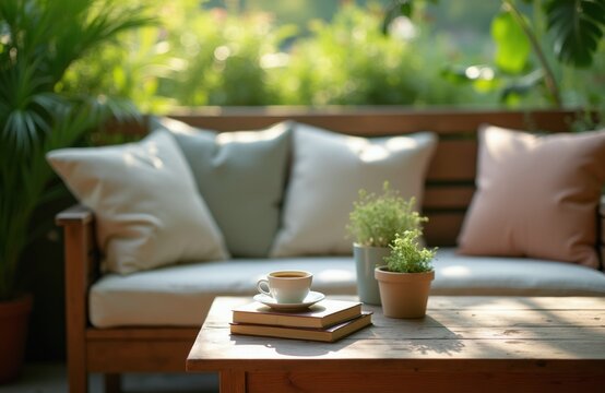Outdoor sofa with pillows and a coffee cup on books. Two potted plants on table in garden. Relaxing morning scene with sunlit greenery backdrop. Cozy home.