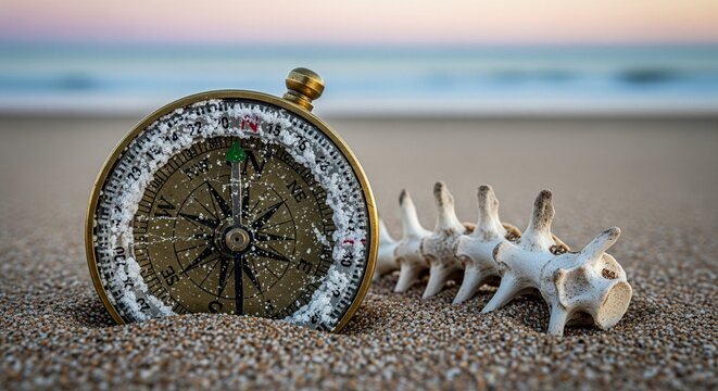 A classic brass navigation compass encrusted with white salt crystals next to a weathered backbone skeleton on the sand with the blue ocean background.