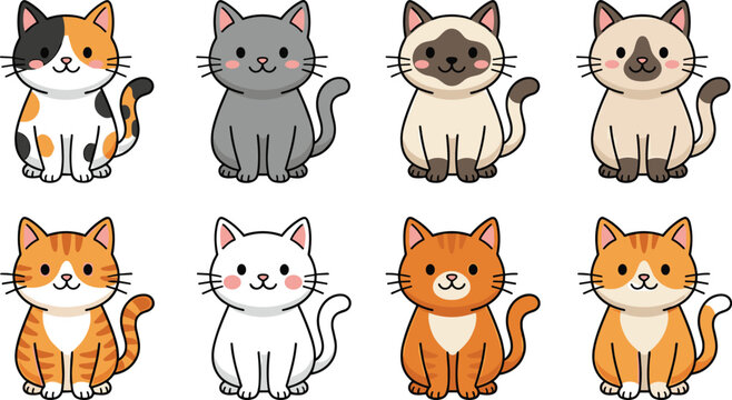 Cute Kawaii Cat Breeds Vector Set with Cartoon Calico Siamese Tabby Ginger Grey and White Kittens for Sticker and Pattern Design