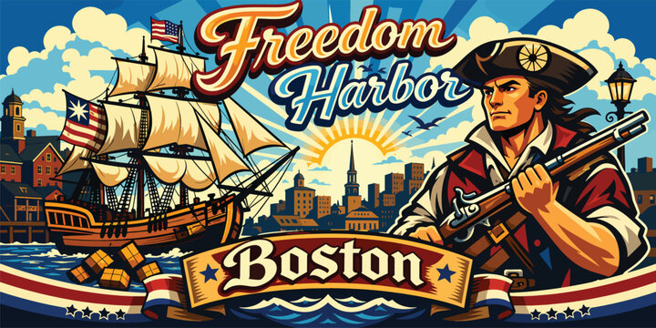 Freedom Harbor Boston vintage travel poster with patriotic minuteman, tall sailing ship and colonial skyline, bold American history artwork for New England tourism and celebration projects