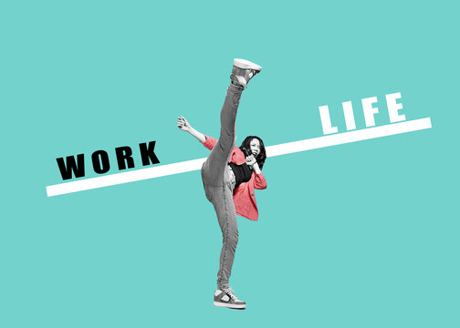 A successful woman makes a decision - represented by a bar bearing the words "Work" and "Life," illustrating the challenges of balancing business and private life.