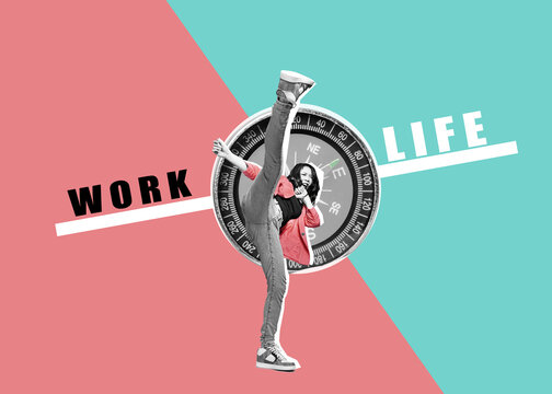 A successful woman makes a decision - represented by a bar bearing the words "Work" and "Life," illustrating the challenges of balancing business and private life.