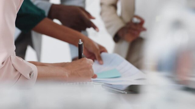 Meeting, documents and hands of business people with sticky notes, planning and property development. Office, realtor agency and workers with paperwork for listing, investment and auction proposal