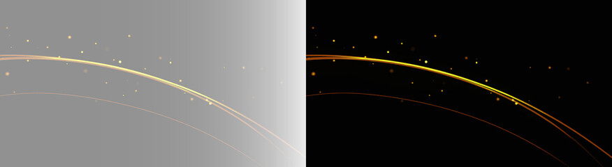 Abstract luxury gold curved lines with sparkling particles on black and grey background, futuristic light trails © Aleksandra Rudenko