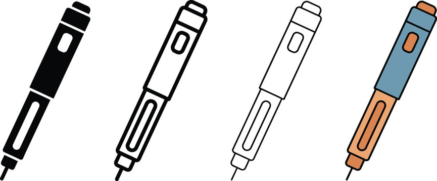 Collection of four different styles of insulin pens in graphic illustration format including a solid black outline and colored versions isolated on white