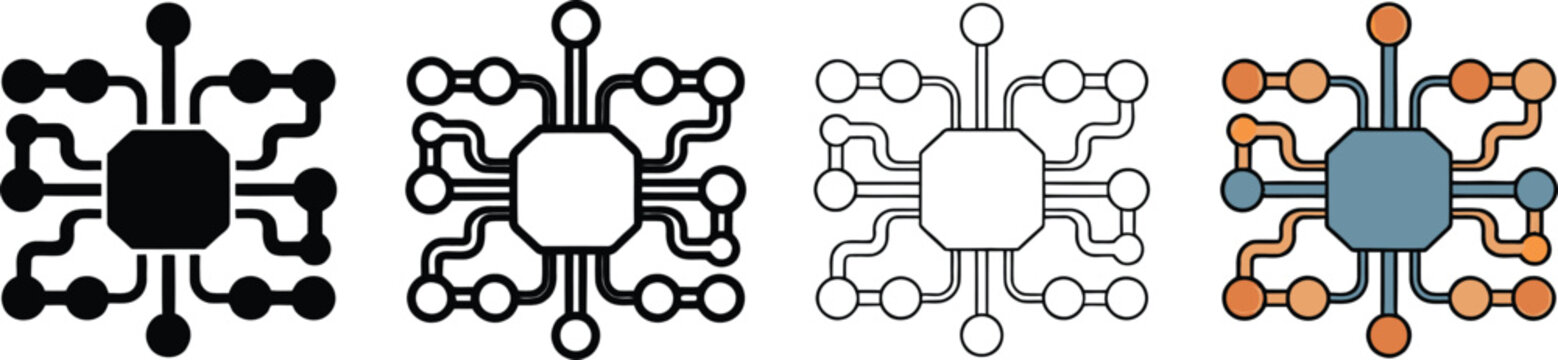 Diverse stylized representations of a central processing unit circuit board with radiating connections and connection points illustrating complex technology and innovation