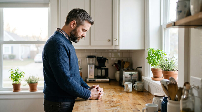 Man praying in kitchen with hands clasped on wooden table, serene atmosphere created in worship environment, reflecting faith and spirituality in home setting,