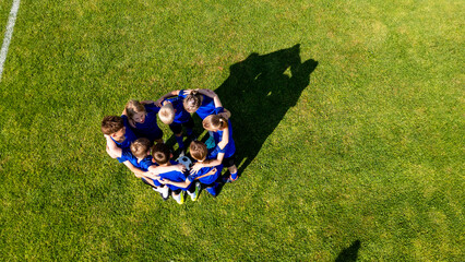 Obraz premium Young football team celebrating goal during match on sports field.