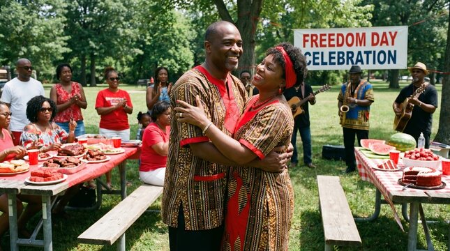 Happy African American couple in traditional attire embracing during a joyful outdoor Juneteenth family celebration, freedom, cultural pride, community unity, summer festivity, Juneteenth.
