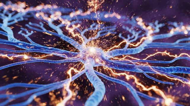 Close-Up Visualization Of Neuron Stimulated By Caffeine: Nervous System Activity In Blue And Purple Hues Illustrating Neuroscience and Biology Concept