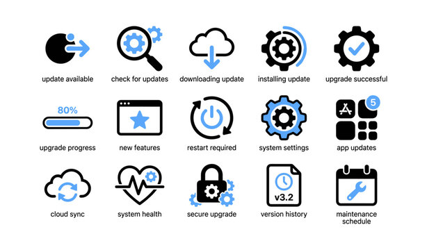 Software update icons showing update actions and statuses