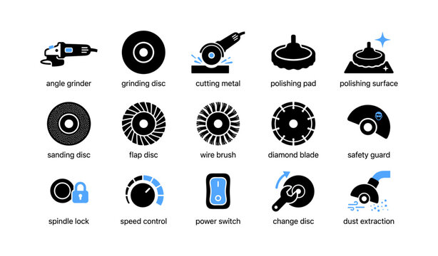 Angle grinder icons and accessories arranged on white background