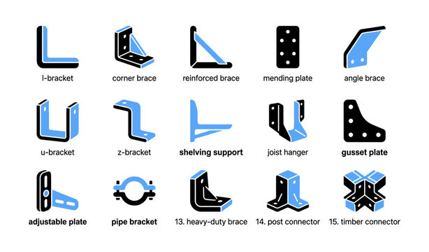 Metal bracket and connector icons arranged in grid on white background