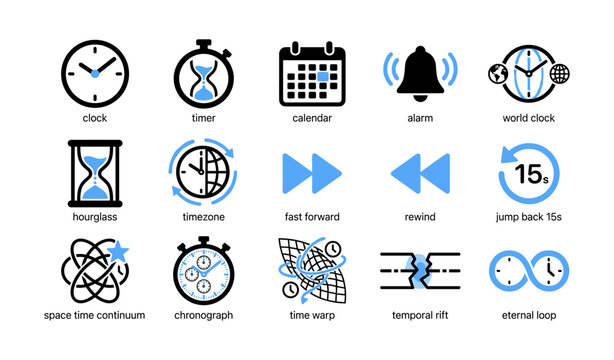 Clock and time icons arranged in grid on white background