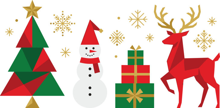 Geometric Christmas Vector Icon Set with Low Poly Reindeer Tree Snowman Gift Boxes and Golden Snowflakes for Holiday Greeting Graphic Design