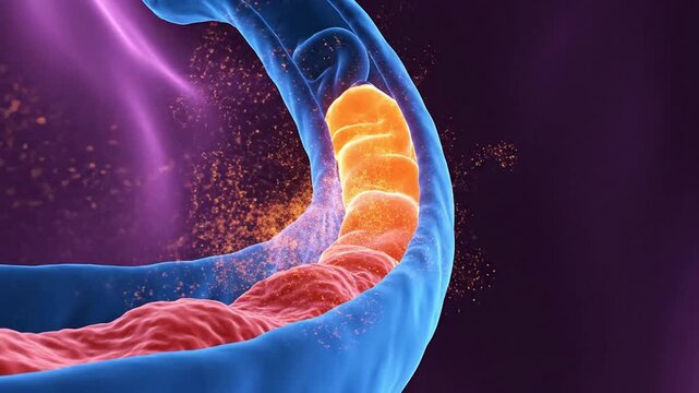 Detailed Visualization of Acid Reflux Triggering Digestive Health Issues in a Blue Digestive Tube with Orange Particles Explaining Gastrointestinal Discomfort and Wellness