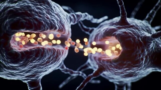 Detailed Visualization Of Synapse Transmission Between Two Neurons With Glowing Particles Representing Neurotransmitter Release In A Microscopic View