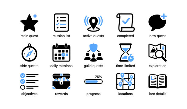 Quest and mission icons arranged in grid on white background