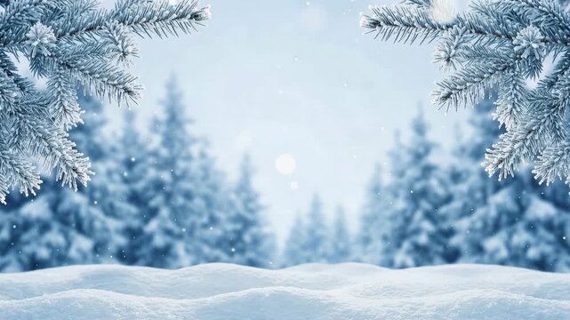 Beautiful winter forest background with snowdrifts and frosted pine tree branches falling snow loop