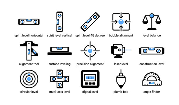 Spirit level icons showing alignment tools on white background