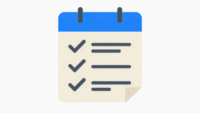 Checklist icon with beige paper, blue header and three checkmarks, task list on clipboard style notepad, flat cartoon vector illustration isolated on white background