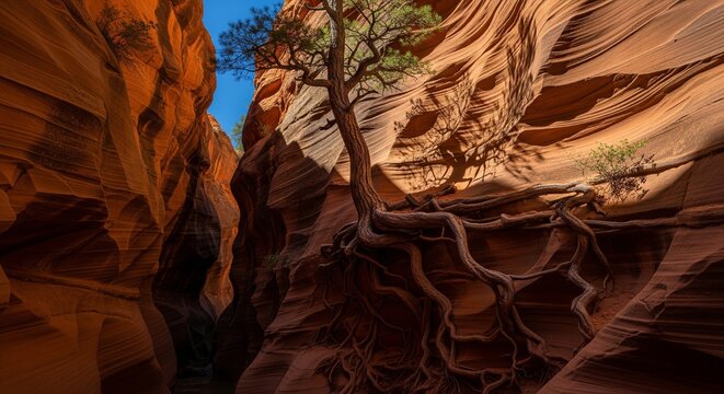 A lone green pine tree growing out of a narrow orange sandstone canyon wall, with its roots spreading deeply across the rock surface