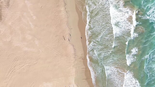 Top down aerial drone view of empty sandy beach and sea waves washing ashore on a tranquil coastline.