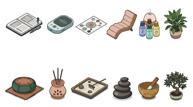 Collection of Spa and Wellness Objects Isometric Icons.