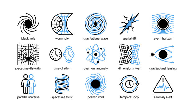 Space anomaly icons with black hole and time symbols