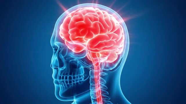 Medical 3D illustration of a human brain inside a skull. Suitable for education, science, neurology, healthcare, and research.