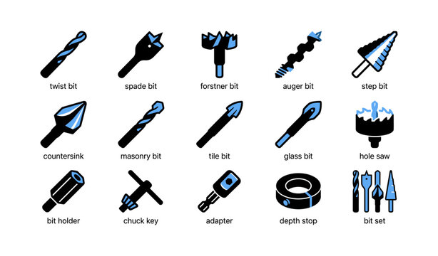 Drill bit and accessory icons showing types and tools