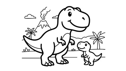 Obraz premium Cute Dinosaur Coloring Page with T-Rex and Baby