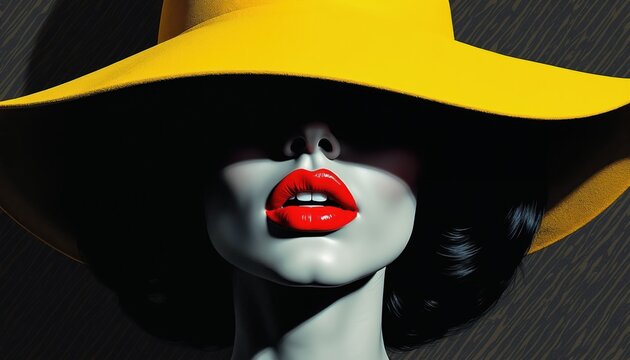 Woman wears wide brim yellow hat. Red lips stand out against dark background. Stylish fashion illustration suggests glamour and mystery. Modern art portrait.