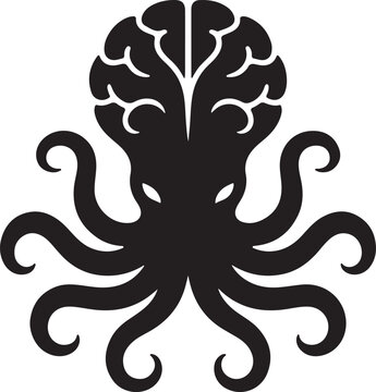 Octopus Brain Silhouette Vector Illustration - Creative Mind and Intelligence Concept Design with Sea Monster Kraken Tentacles Isolated on White Background for Logo or Tattoo Art