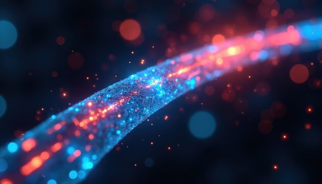 Abstract digital stream of glowing blue and red particles moving forward. Data flow illuminated with bright light trails and bokeh effects. Future tech network concept.