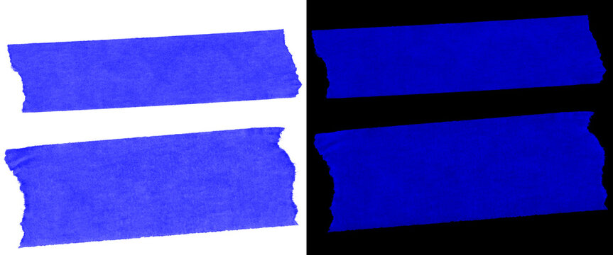 Blue masking tape strips on white and black background, textured adhesive painter tape pieces, torn paper duct tape for design mockups