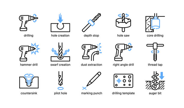 Drilling and hole making icons arranged in grid on white background