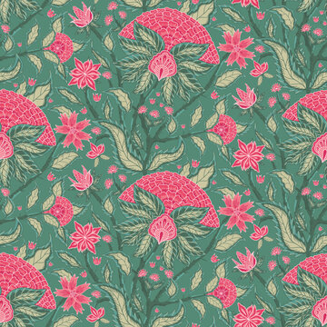 A modern chintz-inspired floral seamless pattern - featuring abundant pink blooms, layered foliage, and graceful botanical movement on a rich teal ground. Chintz Floral Collection.